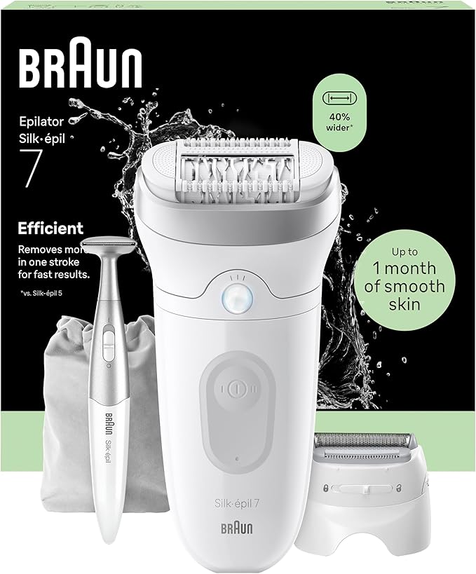 Braun Silk Epil 7 Epilatore Elettrico Donna Con Testina Ampia Per Una Facile Rimozione Dei Peli, Wet&Dry, Pelle Liscia, Include Testina Radente, Cappuccio Regolatore E Rifinitore Bikini, 7-241,Argento