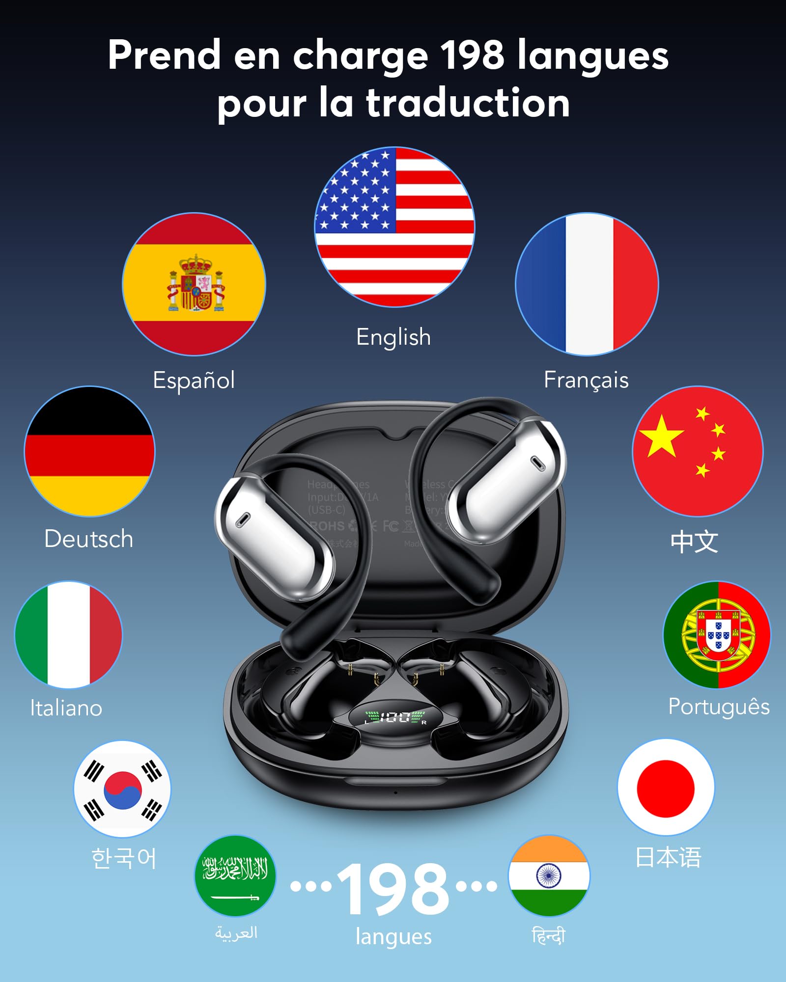 AI Ecouteur Traducteur Instantané Bluetooth 6.1, 3 en 1 198 Langues 8 Modes Traduction avec APP, 80H Oreillette Noir