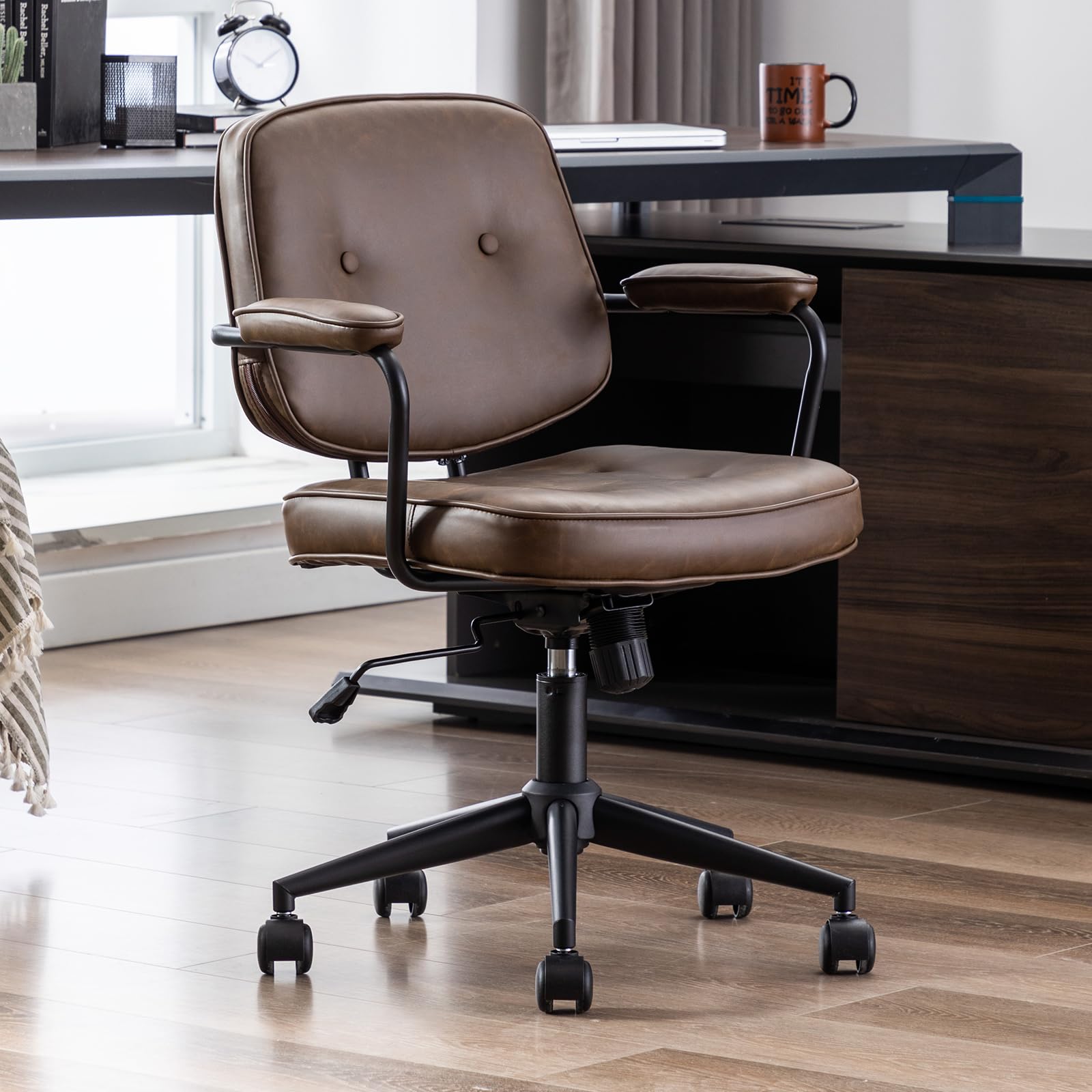 Ya-Home Retro Home Office Chair in PU Leatehr Height Adjustable Desk Chair with Armrest for Home Office/Study/Bedroom, Brown