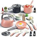 Bruvoalon 32Pcs Kids Play Kitchen Toys Set, Toddlers Pretend Cooking Playset Acccessories with Pots Pans, Utensils Cookware, Foods, Canned Veges, Learning Gift for Kids Girls Boys (Pink)