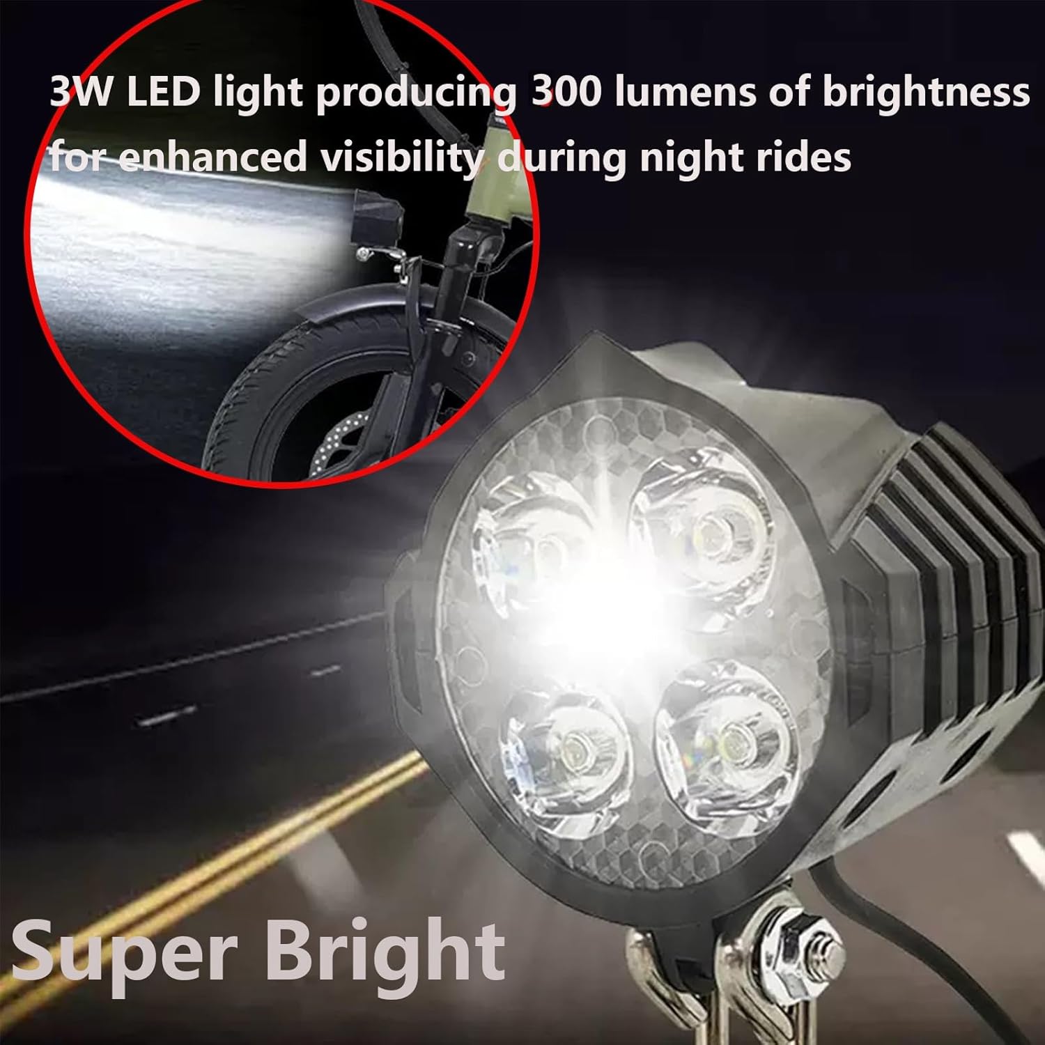 E-Bike LED Headlight with Horn 3 Pin Female Waterproof Connector 36V 48V 4 Beads Bicycle Replacement Headlamp for Electric Bicycles and E-Scooter 15 In Wire
