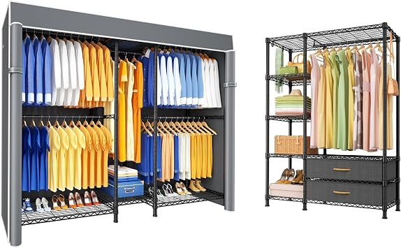 Ulif E12C with Dustproof Cover and F3 with Fabric Drawers Heavy Duty Clothes Rack, Freestanding Clothing Racks for Hanging Clothes,Adjustable Closet Organizer System,Portable Garment Rack