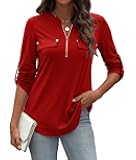 Women's 3/4 Sleeve Tops Cuffed Zip V Neck Business Casual Work Blouses Tunic Shirts