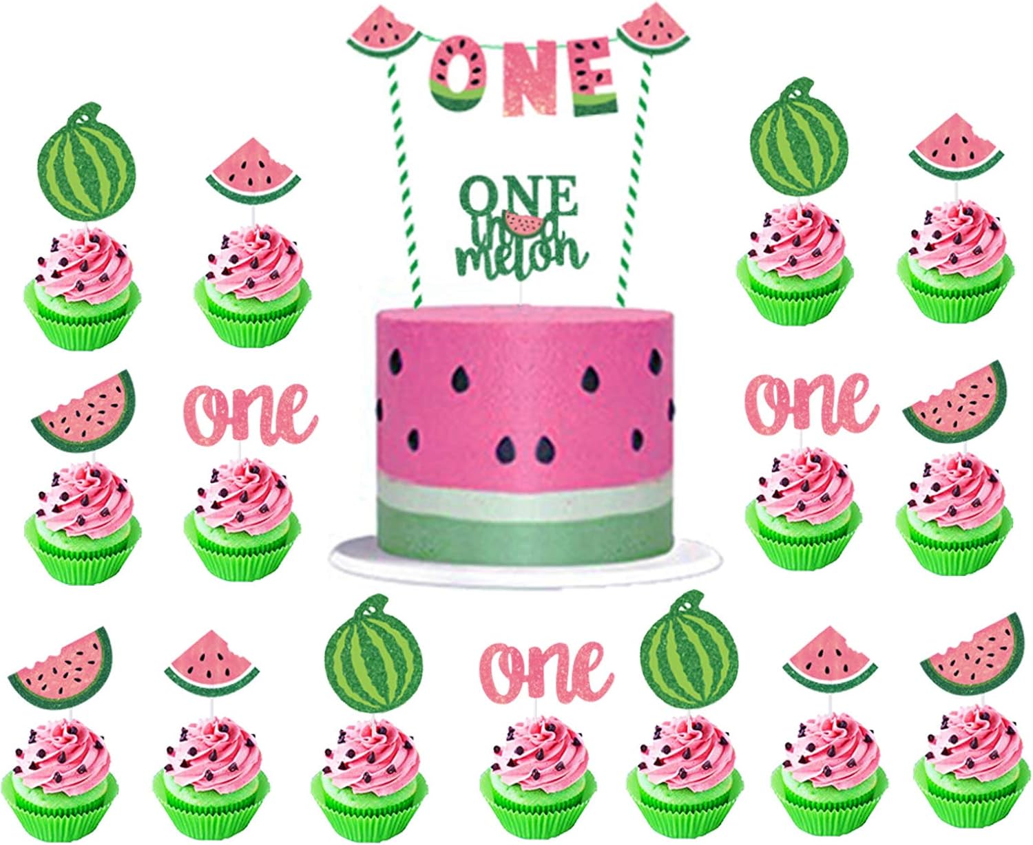 CZolden Watermelon Cake Toppers Kits One in a Melon Cupcake Topper Baby Shower 1st