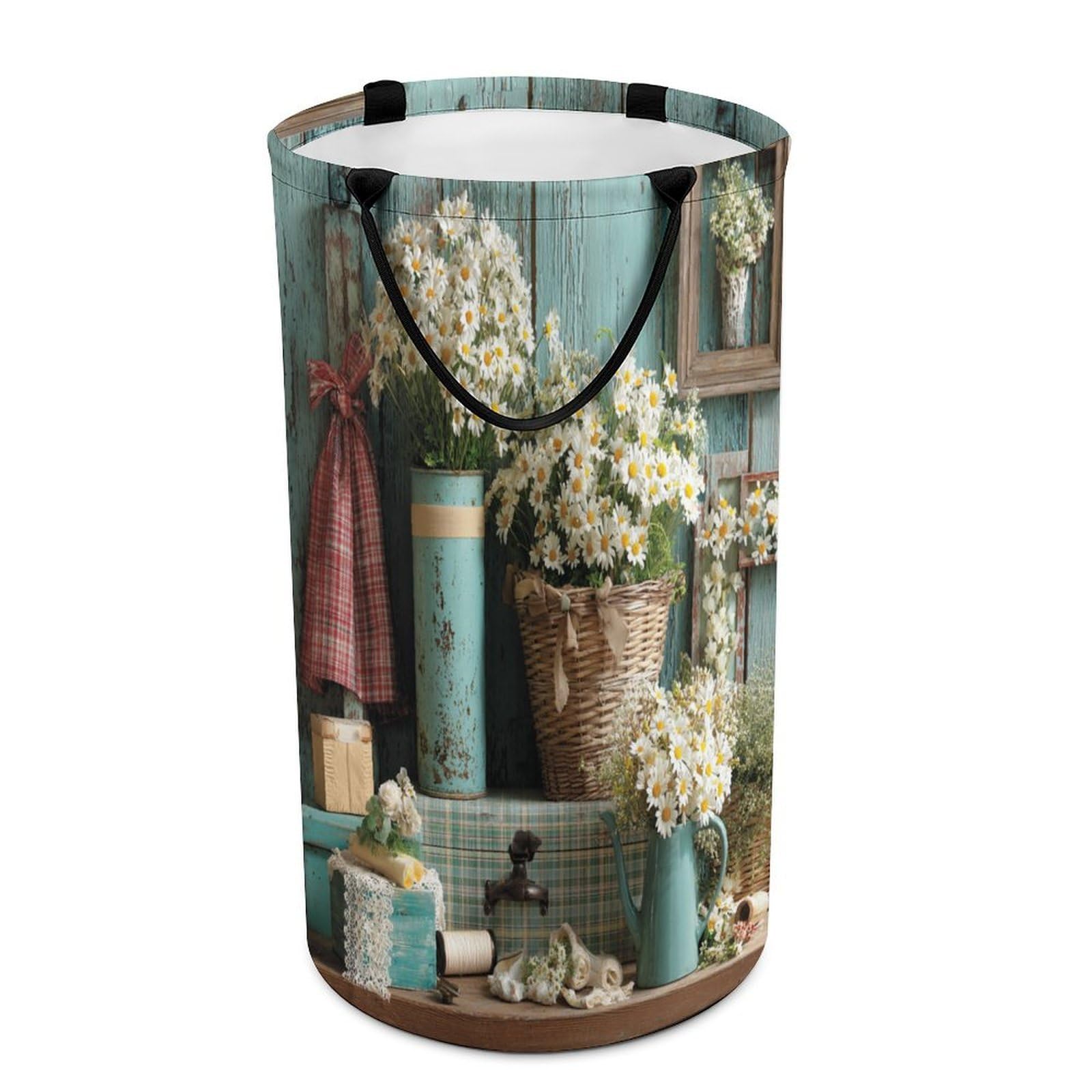 LUYYSKY Rustic Modern Daisy Flowers Collapsible Dirty Clothes Basket, Retro Oil Painting Country Farm Farmhouse Daisies Floral Portable Clothes Storage Basket