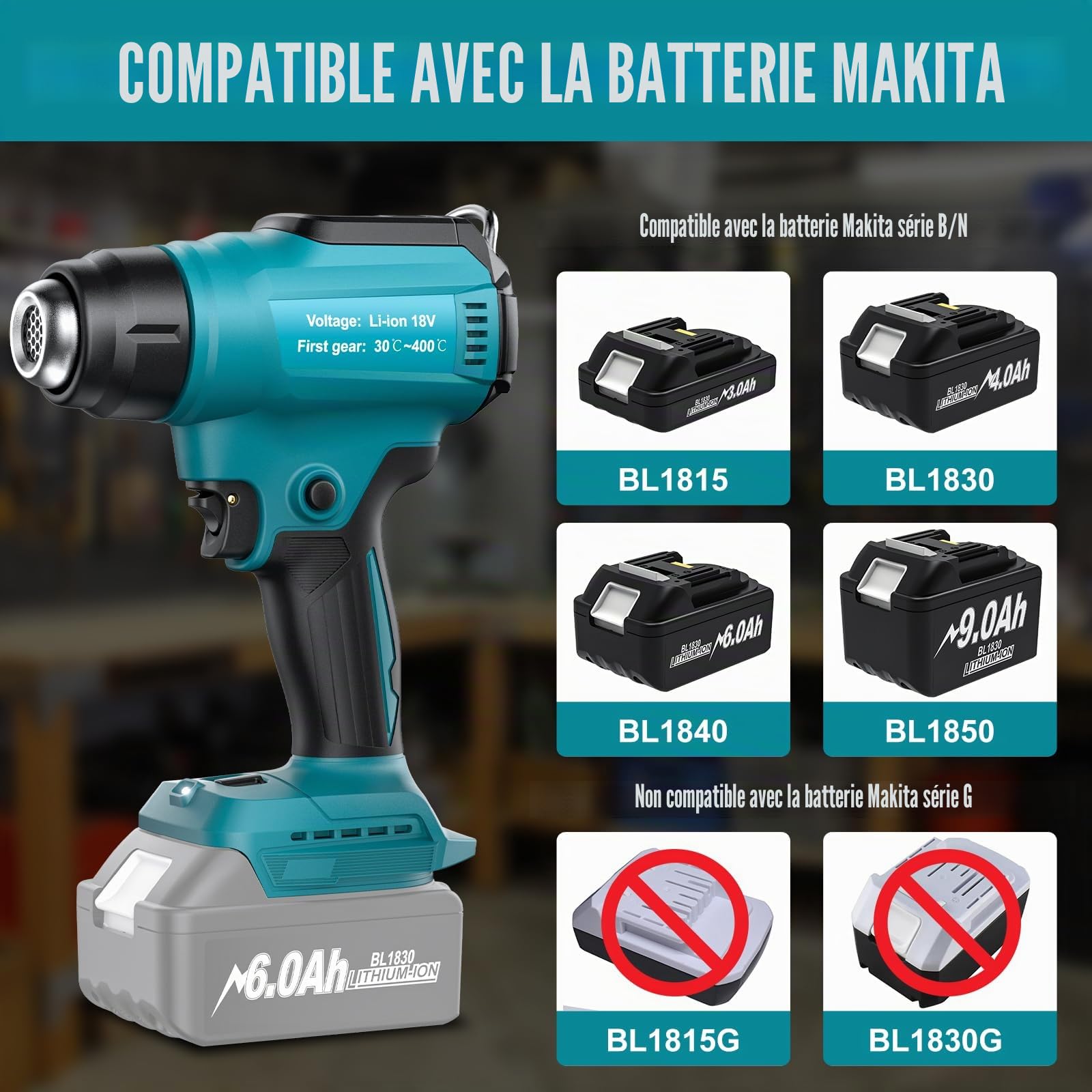 Décapeur Thermique Makita 18V Pistolet à Air Chaud Sans Fil 30-400℃ Température Réglable 4 Buses