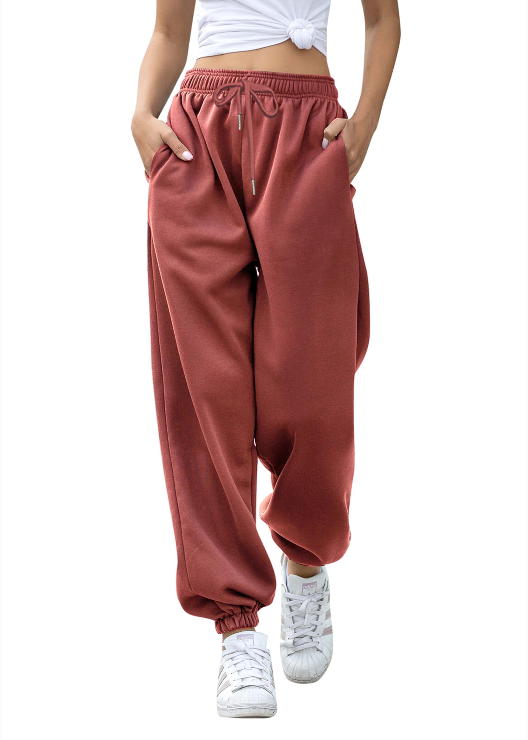 Gvraslvet Yoga Joggers for Women Soft Fleece Wide Leg Sweatpants Pockets High Waist Gym Wide Leg Big Fit Lounge Pants Brick Red M