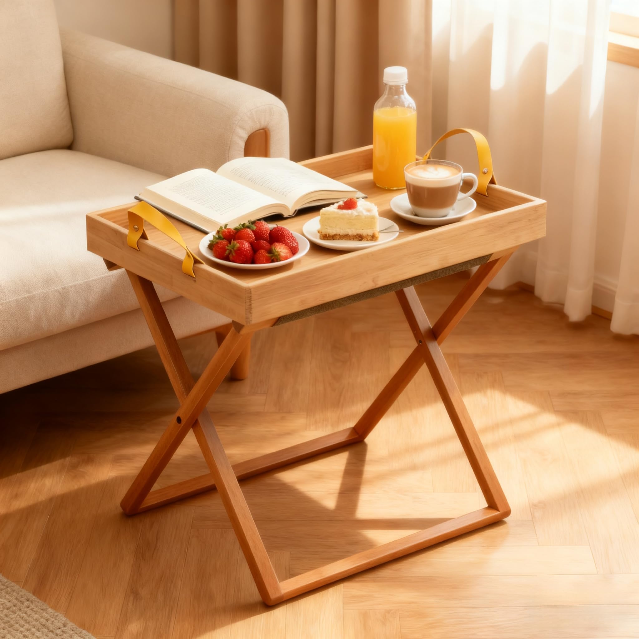 Tavolino da tè pieghevole in bambù con vassoio, piccolo tavolino da caffè per esterni, patio, piscina, portico, 47 x 46 x 34,5 cm, tavolino in legno per soggiorno e campeggio
