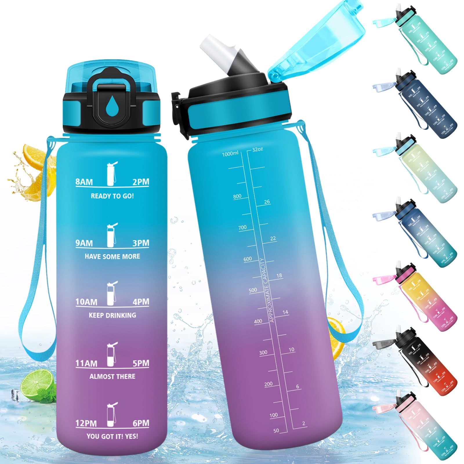 HoneyHolly Drinking Bottle 1 L, BPA-Free, Suitable for Carbonated Drinks, Water Bottle, Leak-Proof, Sports Bottle with Straw, Sports Water Bottle for Bike, Fitness, Running, Hiking