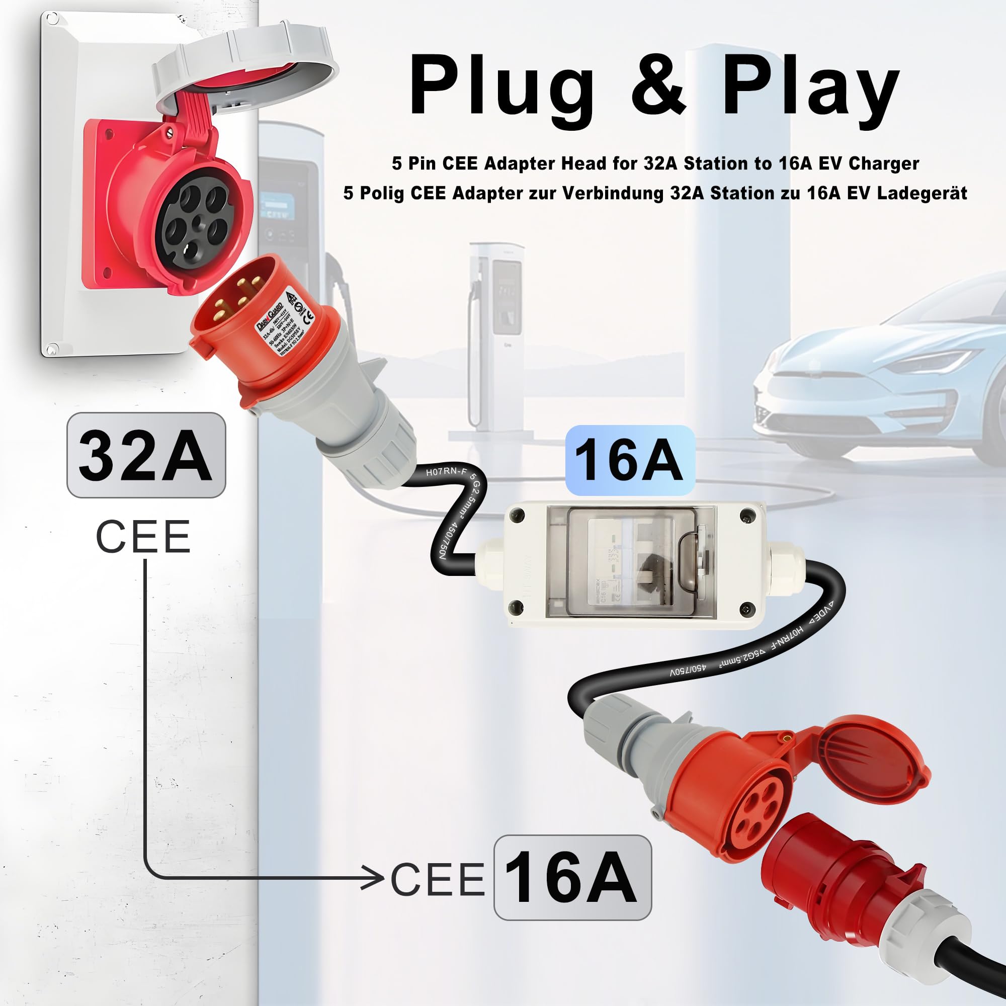 5 Pin CEE Adattatore 32A a 16A per Veicoli Elettrici Caricatore EV con Interruttore Automatico per Sovraccarico Cortocircuito Protezione, 79cm Cavo H07RN-F 5G 2.5mm² Semko EN60309
