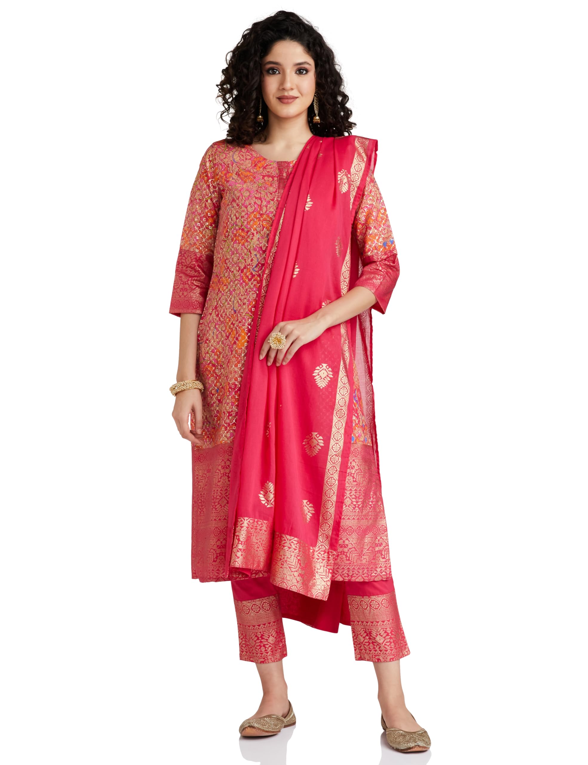 biba Women Voile Straight Printed Kurta Slim Pant Suit Set-picture-35