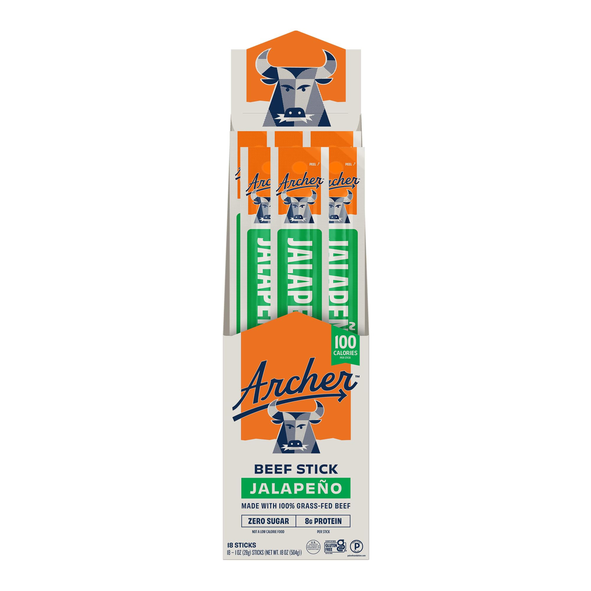 Country Archer Beef Jerky Sticks Jalapeno - Grass Fed Beef Sticks Individually Wrapped, Beef Sticks Bulk, Beef Jerky Snack Packs, Gluten Free, Paleo, Keto, Sugar Free - 1 oz Meat Sticks (Pack of 18)