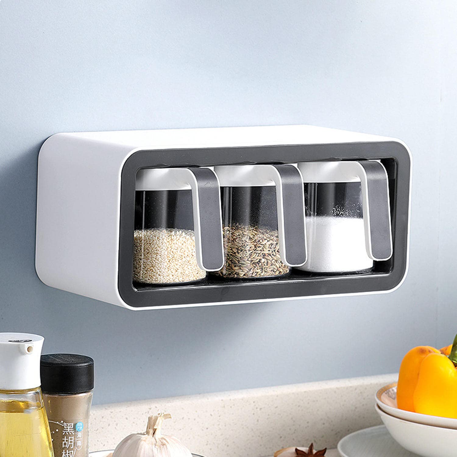 Caja De Especias De Pared Con 3 Compartimentos – Organizador De Condimentos De ABS Con Cucharas Y Pegatinas – Ahorra Espacio En La Cocina