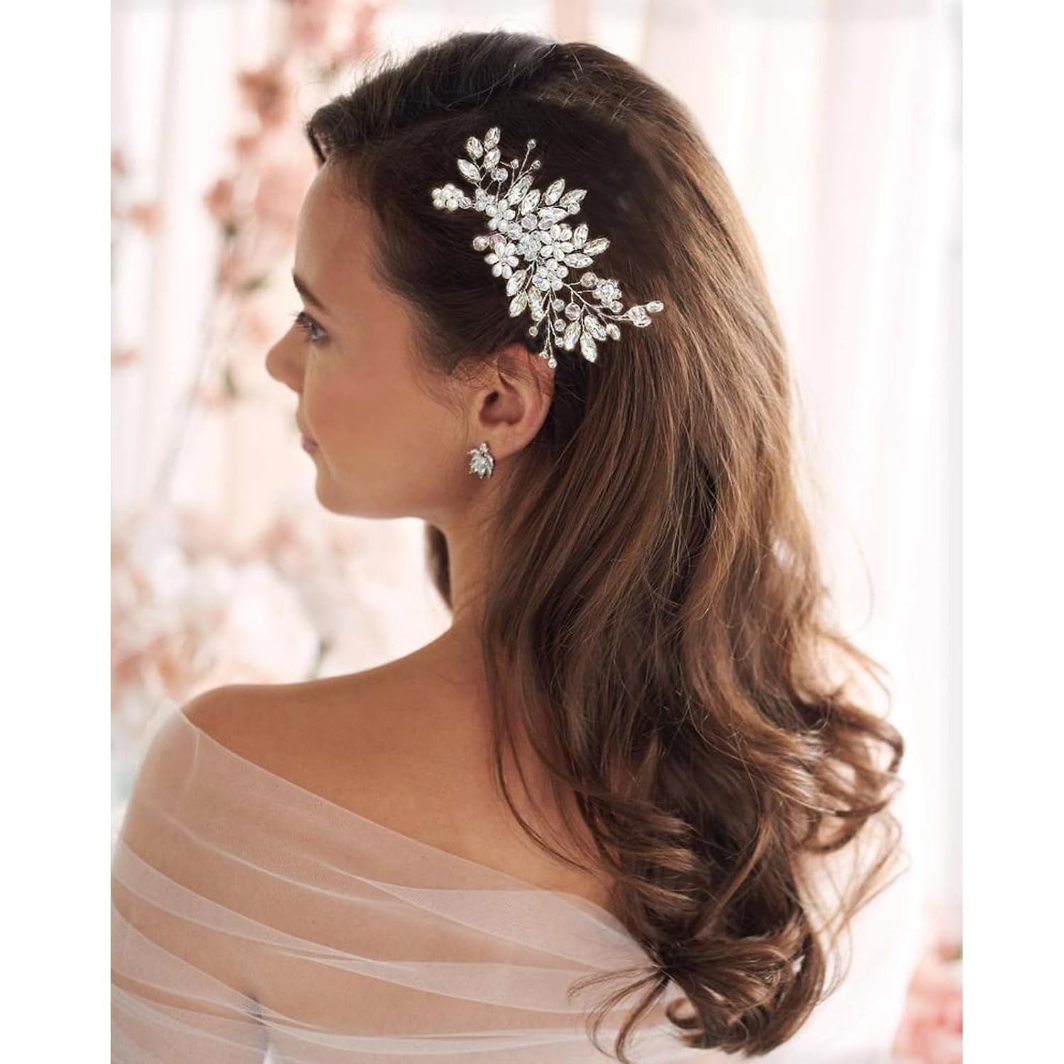 Rhinestone Wedding Hair Comb Pearls and Crystal Bridal Hair Piece Wedding Flower Hair Accessories for Women and Girls