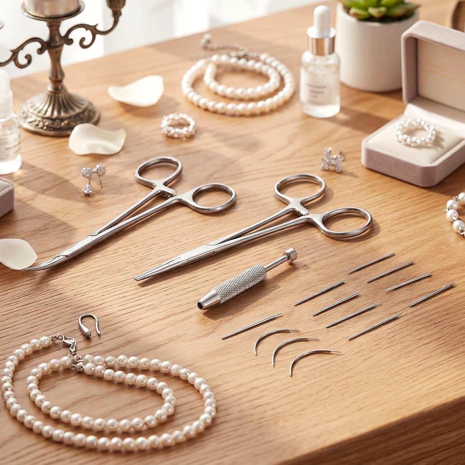 15 Pcs Piercing Taper Tool Kit 14g 16g 18g Jewelry Changing Set with Ball Grabber Curved Straight Forceps Stainless Steel Insertion Tapers for Flat Back Earrings Labret