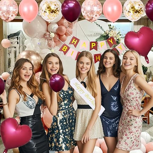 Miniatura 6 de Suministros de decoración de cumpleaños n.° 49 para niñas y mujeres, pancarta de papel de feliz cumpleaños borgoña y rosa, decoración de pastel,