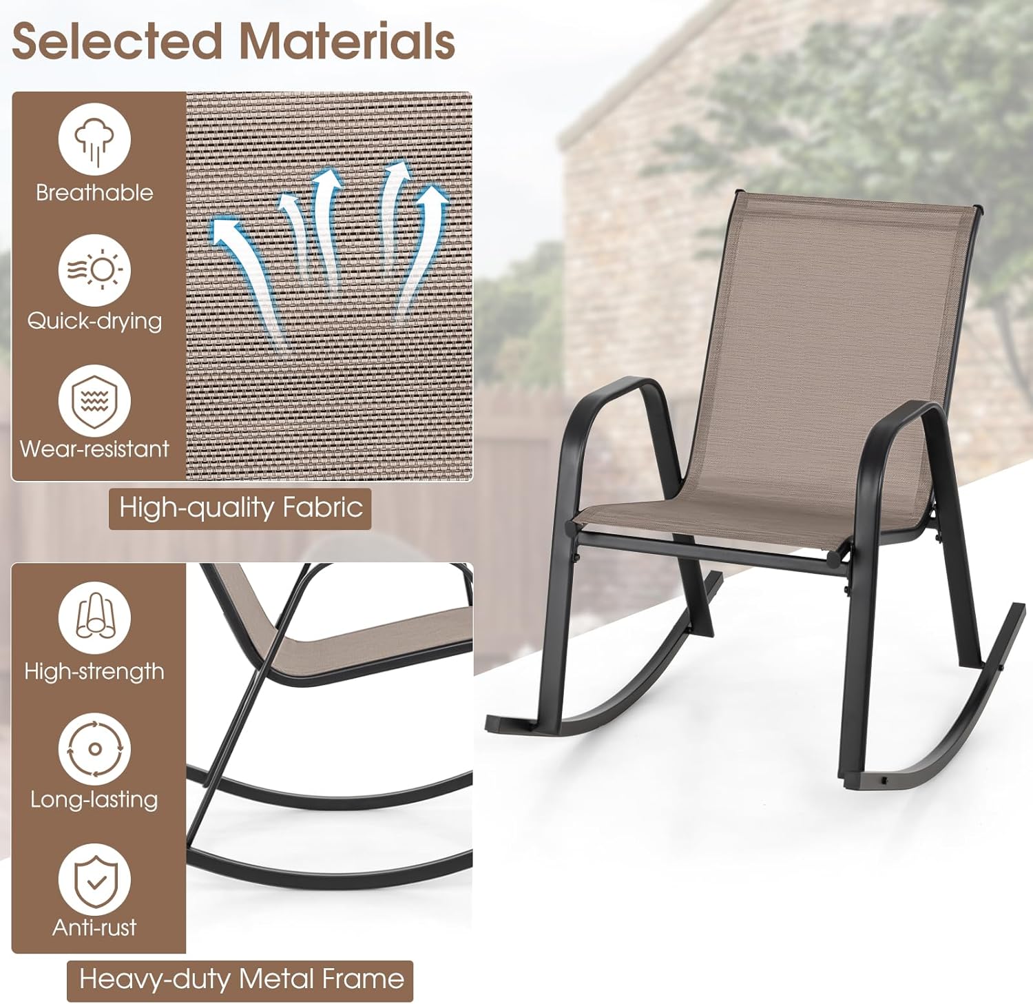Giantex Outdoor Rocking Chairs Set of 2, Patio Rocking Chairs w/Breathable Seat & Back, Heavy-Duty Metal Support, Ergonomic Outside Rocker for Backyard, Poolside, Garden (1, Brown)