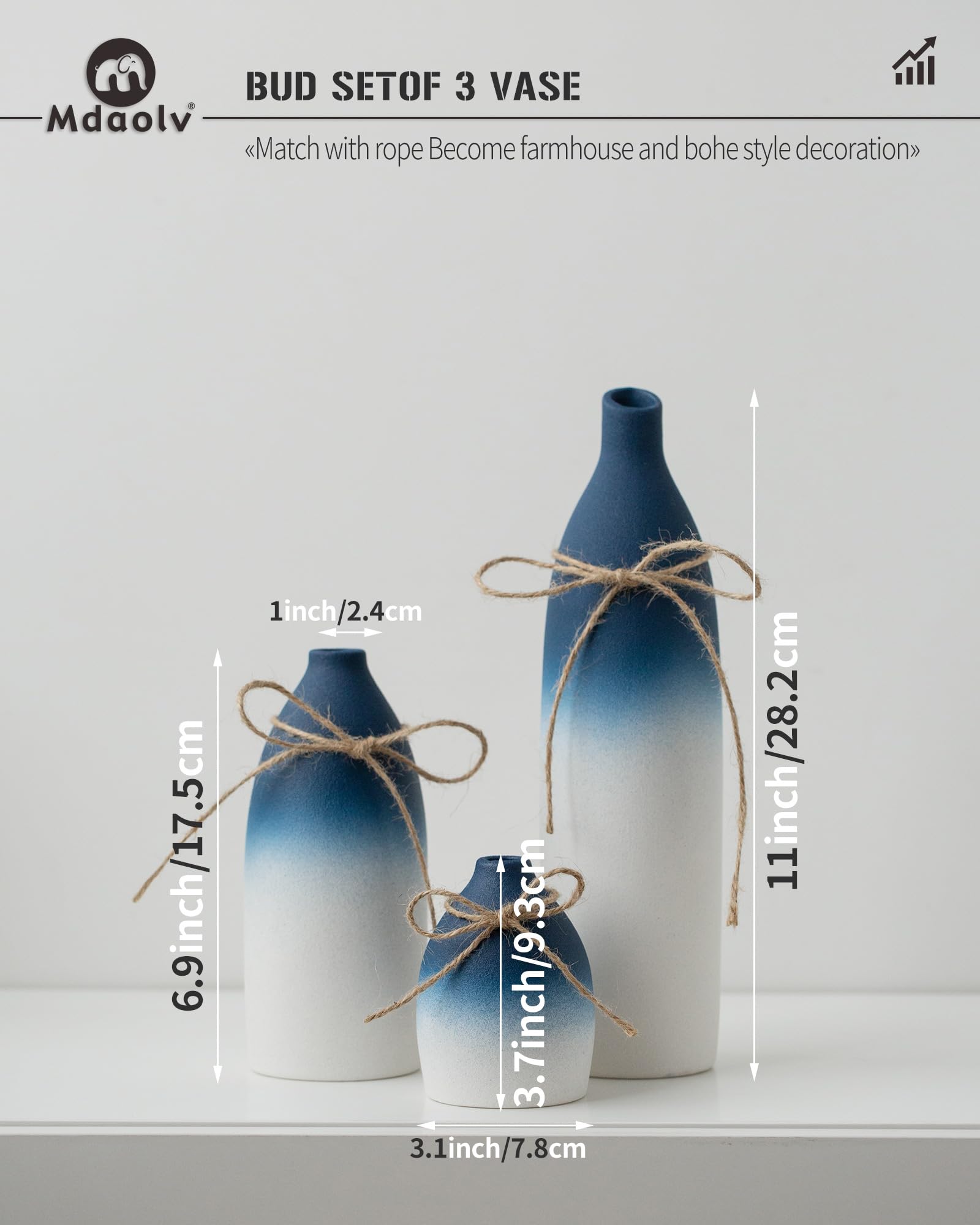Mdaolv Blaues und weißes Vasen-Set – marineblaue Küstendekoration für Kücheninsel, Wohnzimmer, Bürotisch, Kaminsims, Badezimmer-Regal – Keramik-Tischdekorationen
