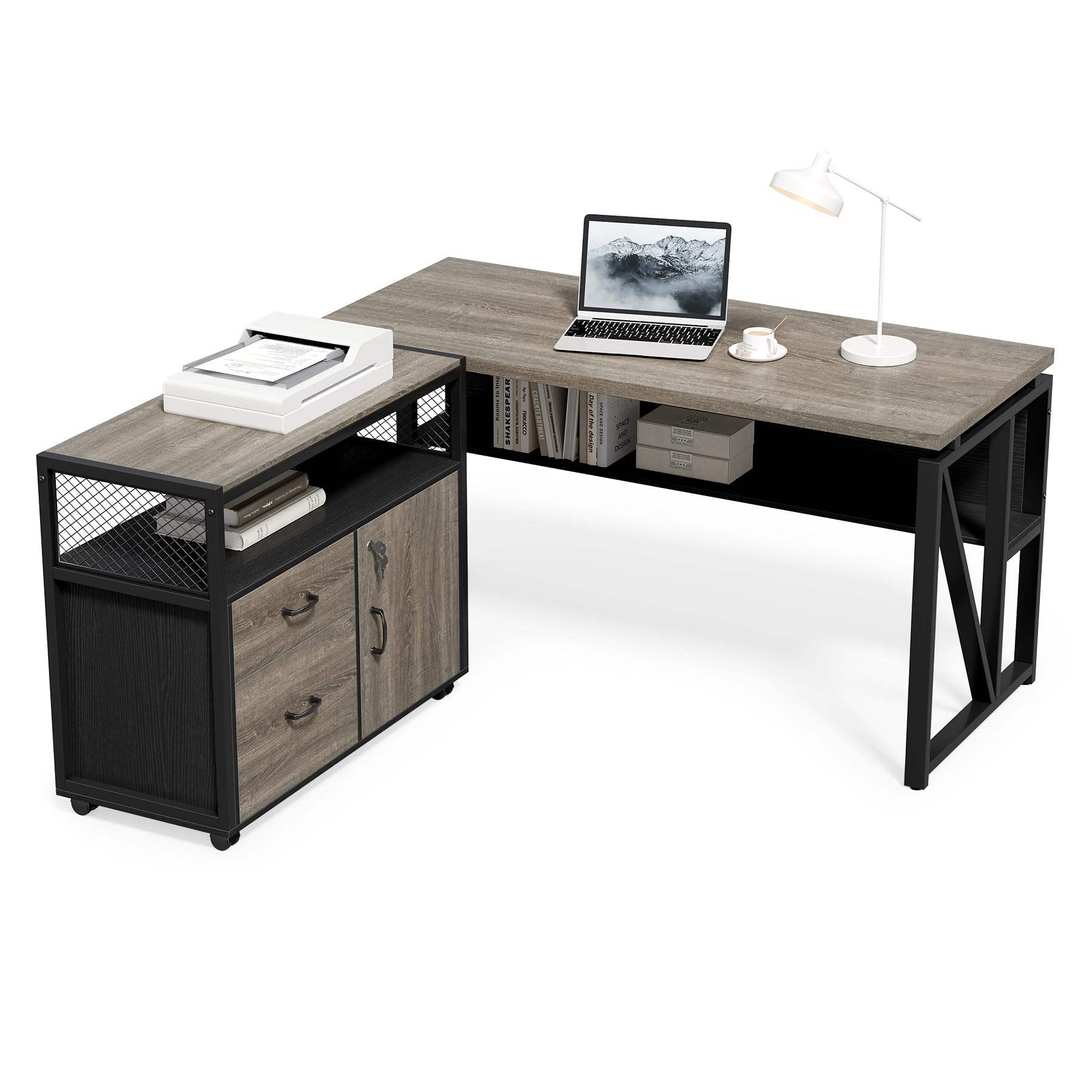 LITTLE TREE 55" Executive Computer Desk and Lateral File Cabinet, L-Shaped Office Desk for Home Office, Furniture Set, Grey