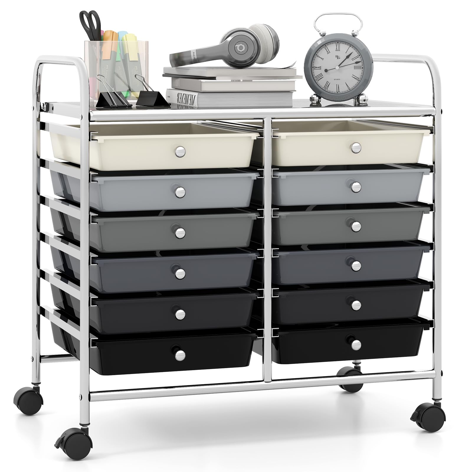 COSTWAY 12 Drawers Storage Cart, Multipurpose Utility Rolling Trolley with Lockable Wheels, Mobile Organiser Shelving Unit for Home Office Makeup Beauty Salon (Gradient Gray)