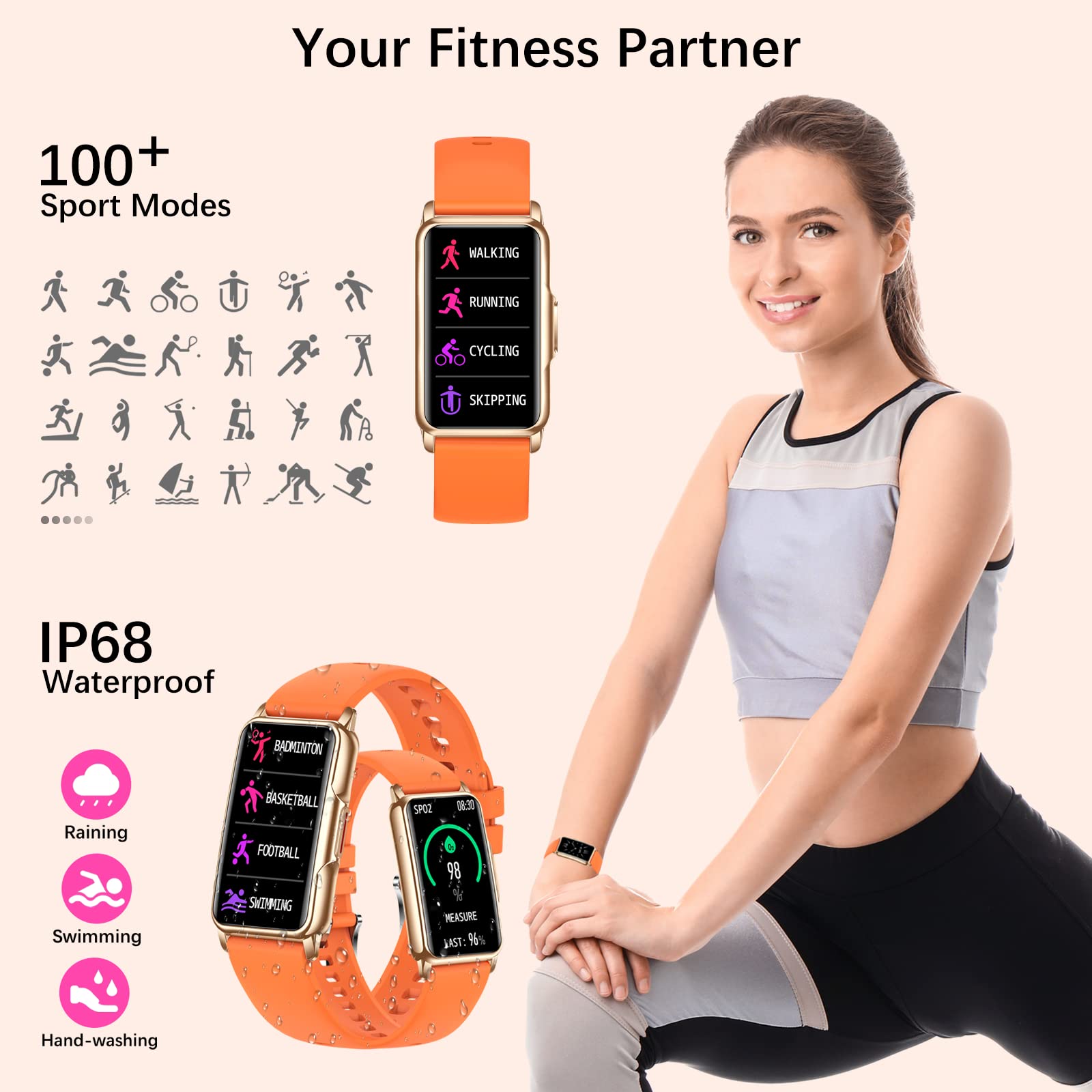 ECOSOON Smartwatch Donna, Orologio Smartwatch Donna Impermeabile IP68 Contapassi Polso Donna con Cardiofrequenzimetro, SpO2, Sonno, 123 Sportivo, Smart Band Orologio Fitness Donna per Android iOS
