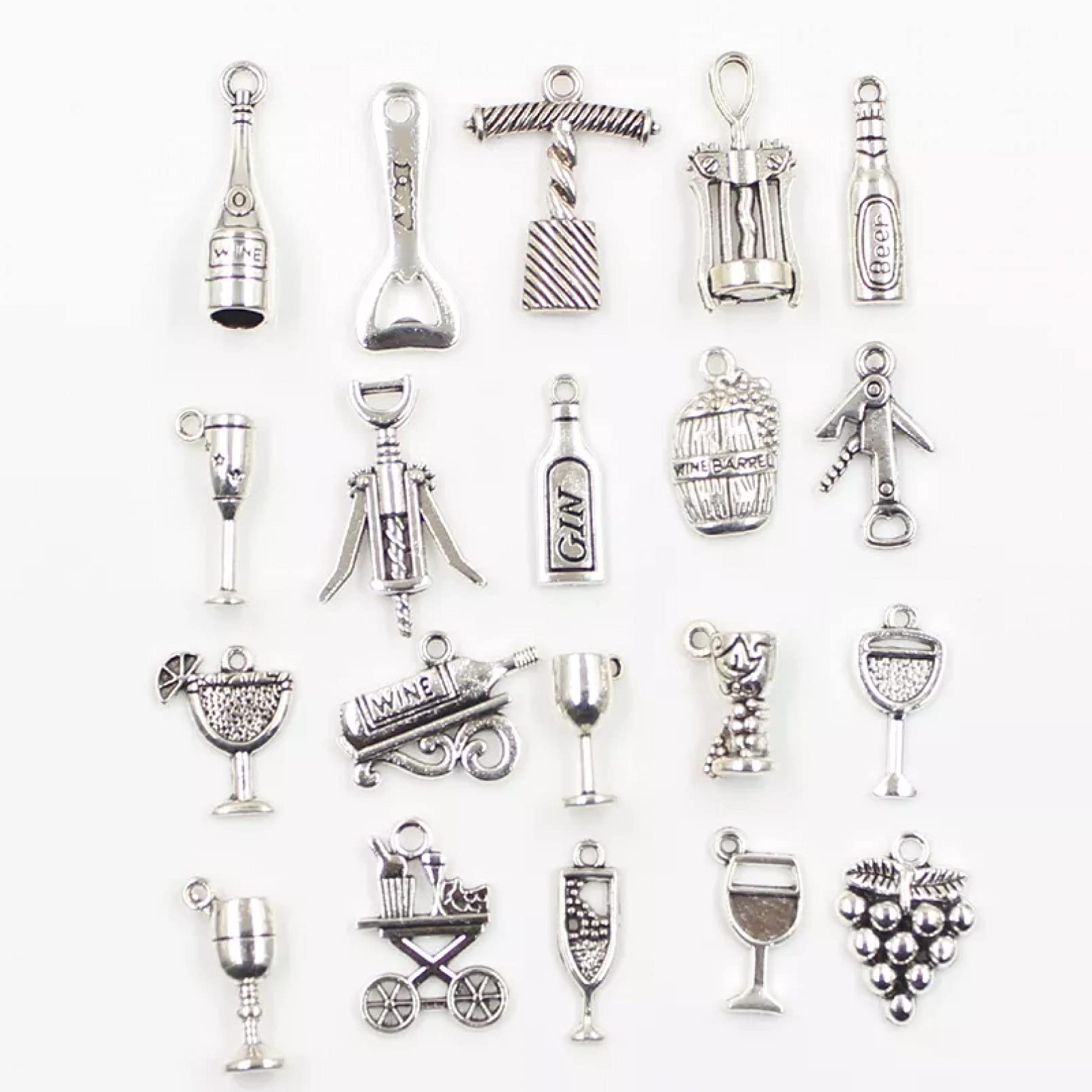 FZSWD 30pcs Charms Beer Barrel Grape Wine Opener Glass Antique Silver Color Mixed Pendants Diy Findings Tibetan Making Jewelry Craft