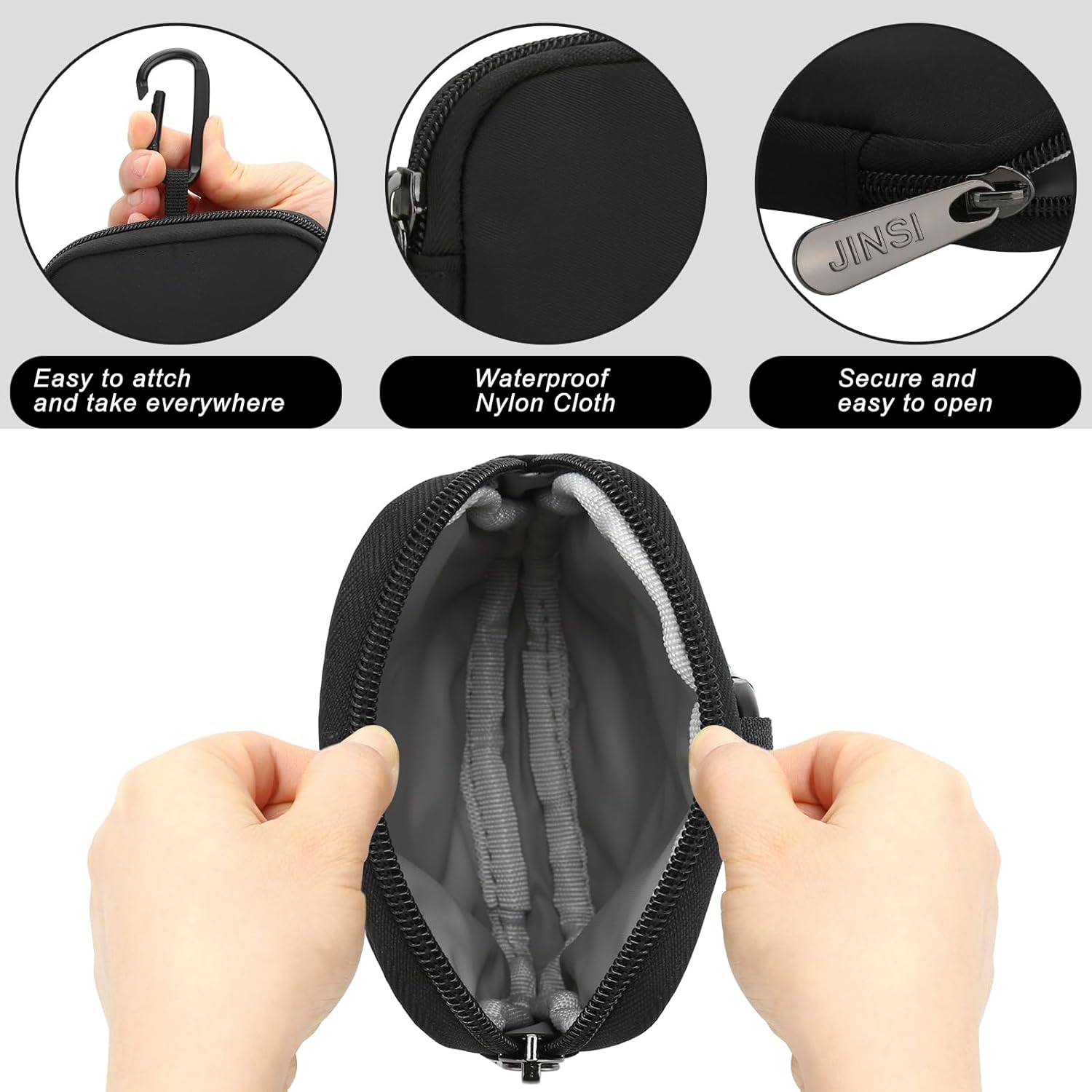 2Pcs Small Pouch Coin Purse, Nylon Zipper Travel Wallet, Mini Bag for Airpods Cables Cards Keys Lipstick, Dog Treat Pouch with Carabiner, Black - Image 4