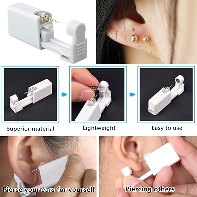 2 Pack Self Ear Piercing Gun Kit with Built-in Earring Disposable Ear Piercing Gun Asepsis No Pain Safety Self Ear Piercing Gun Kit Tool for Girl Women Men Golden