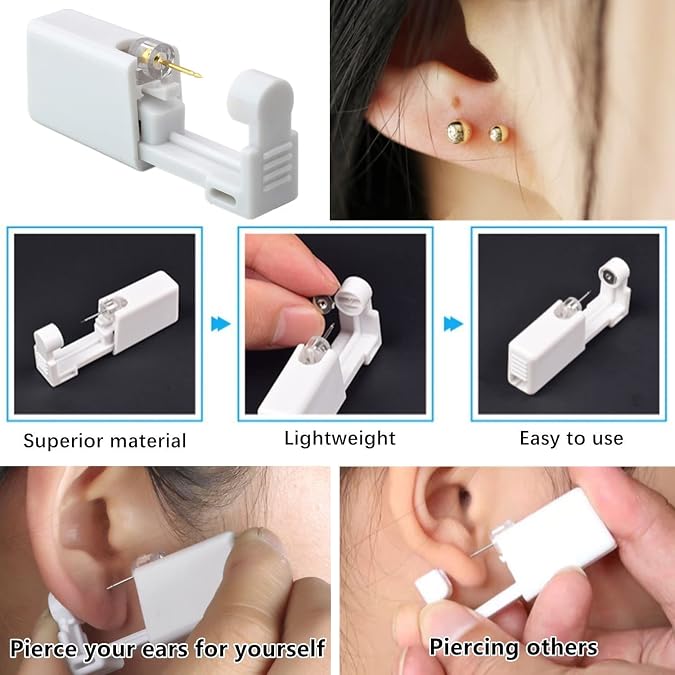 2 Pack Self Ear Piercing Gun Kit with Built-in Earring Disposable Ear Piercing Gun Asepsis No Pain Safety Self Ear Piercing Gun Kit Tool for Girl Women Men Golden