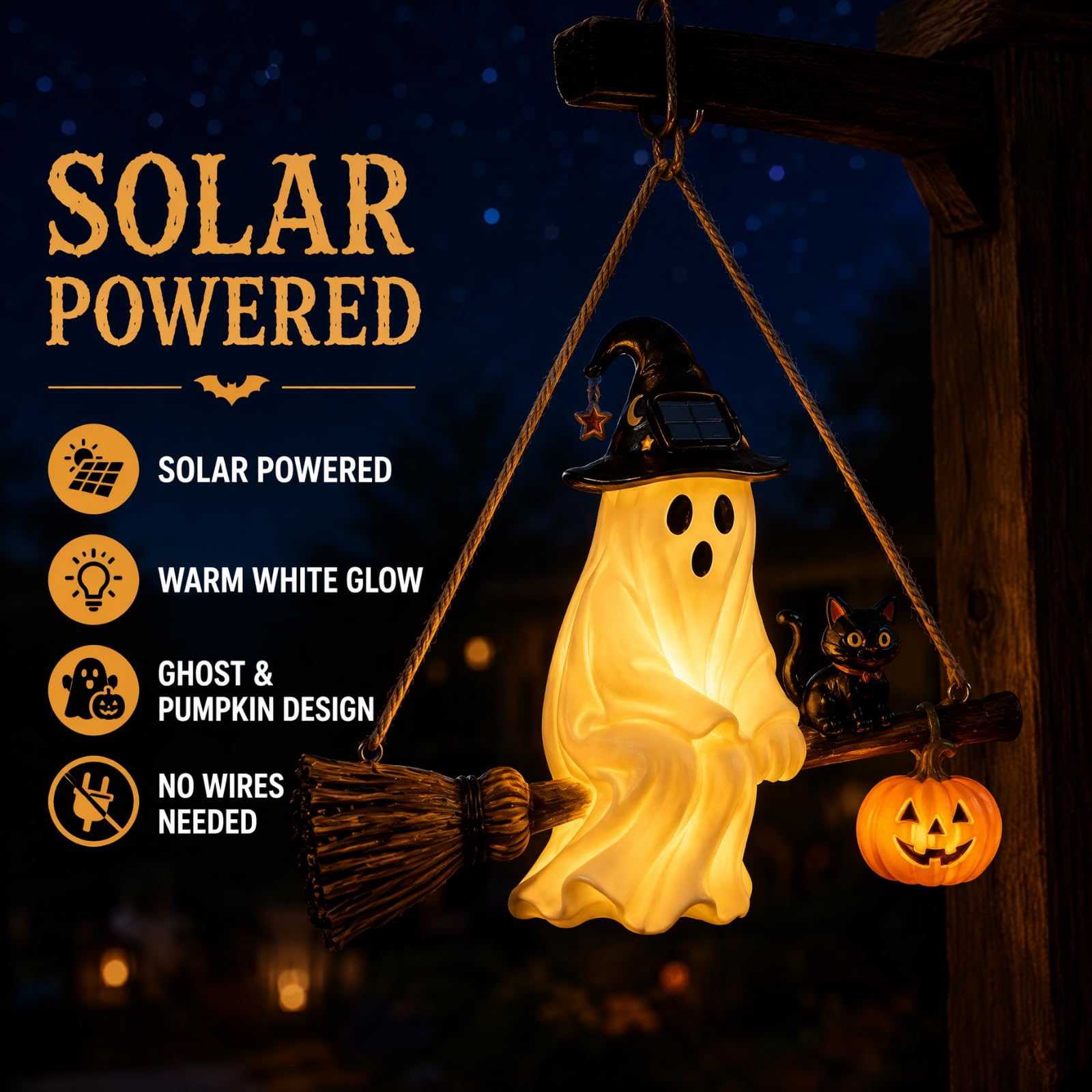 Fantasma Solare da Appendere, Decorazioni di Halloween con Fantasmi Volanti Illuminati | con Scopa da Strega, Gatto Nero e Luna di Zucca, Decorazione Solare da Esterno per Giardino