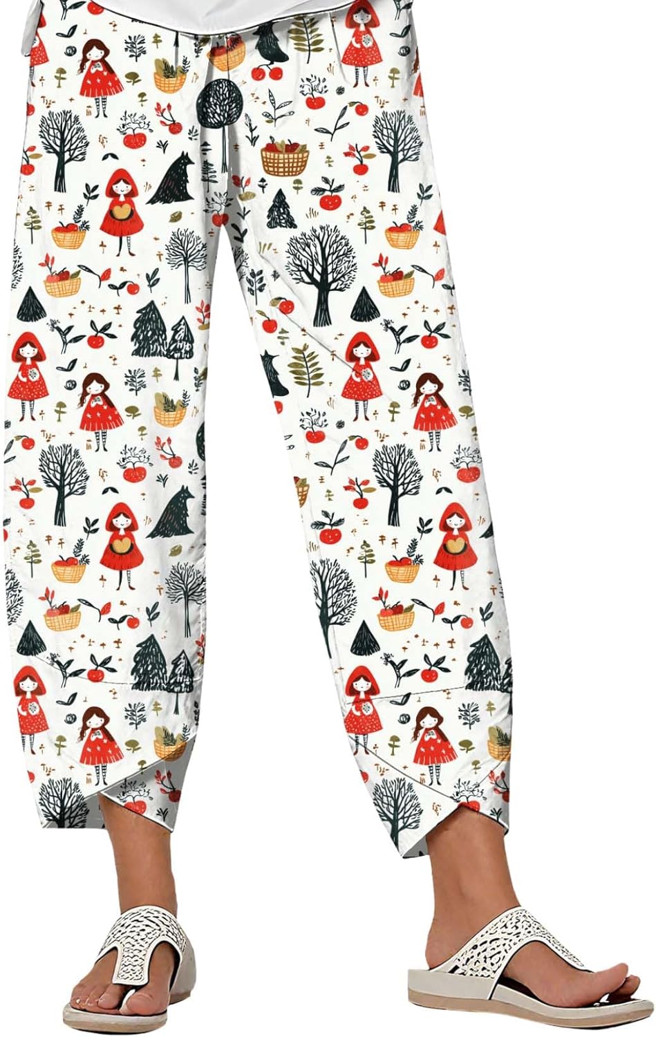 Summer Cotton Linen Printed Pants Casual Cropped Palazzo Lounge Pants Trendy Comfy Baggy Trousers with Pockets