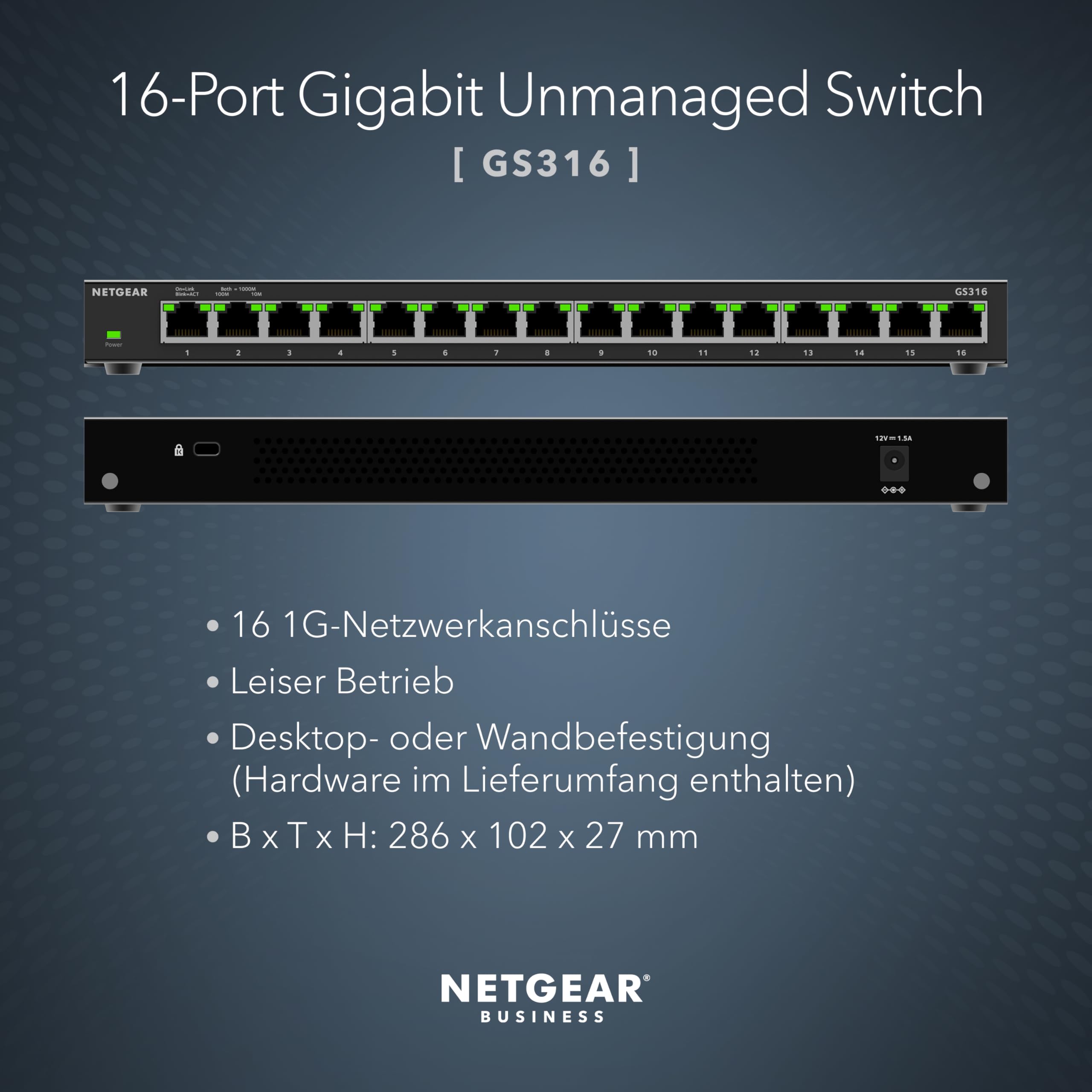 NETGEAR 16-Port Gigabit Ethernet Unmanaged Switch (GS316): Desktop- oder Wandbefestigung, leiser Betrieb