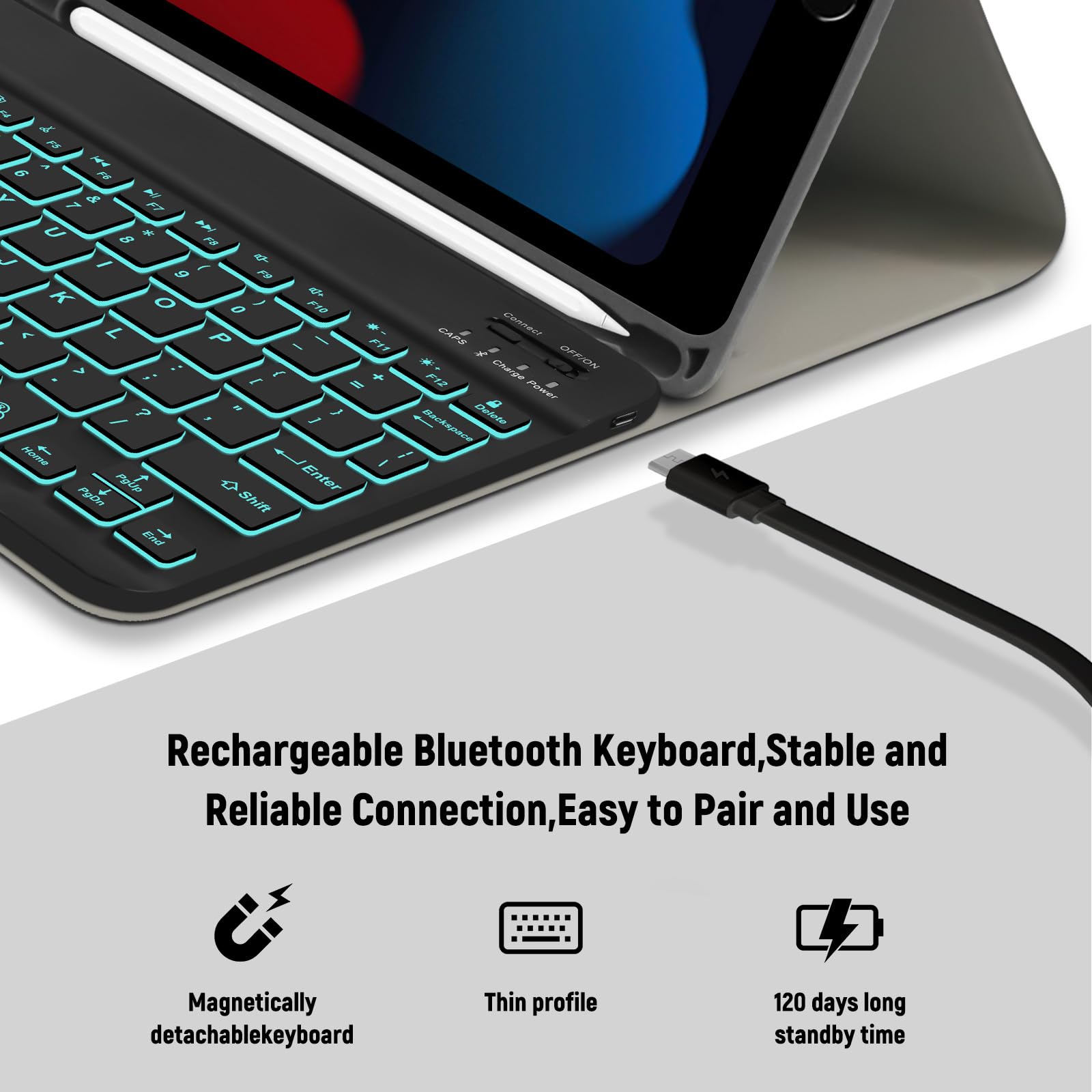 Lielax Funda de Teclado para iPad de 10.2 Pulgadas 2021, Funda Protectora con Soporte para lápices Teclado inalámbrico Desmontable, Negro