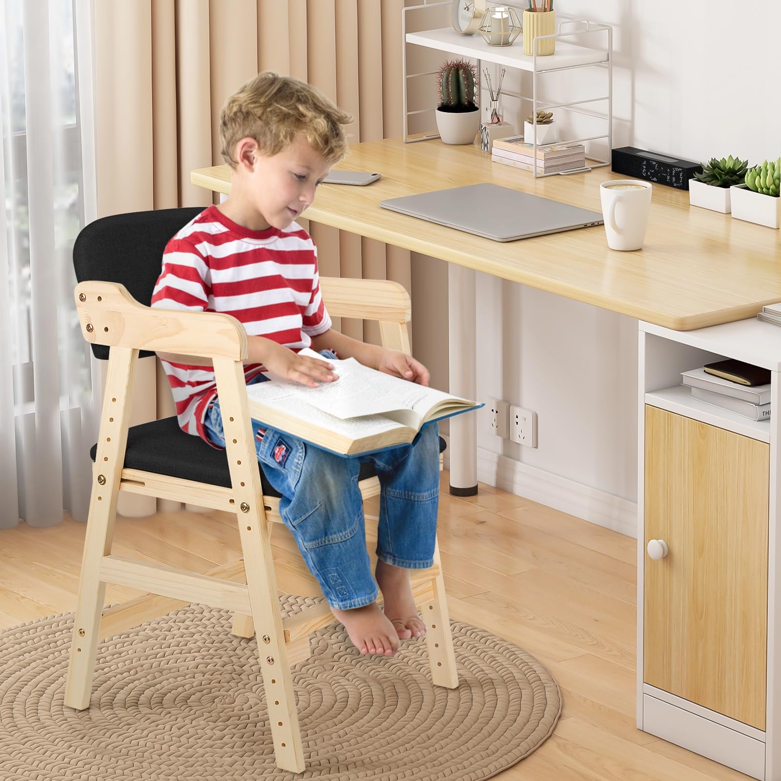 Chaise Haute Bébé en Bois, 6 Hauteurs Réglables Stable Chaise Supporte 90KG pour Enfants et Adultes, Chaise Haute Evolutive avec Coussin d'Assise, Assise et Repose-pieds Réglables (Noir)