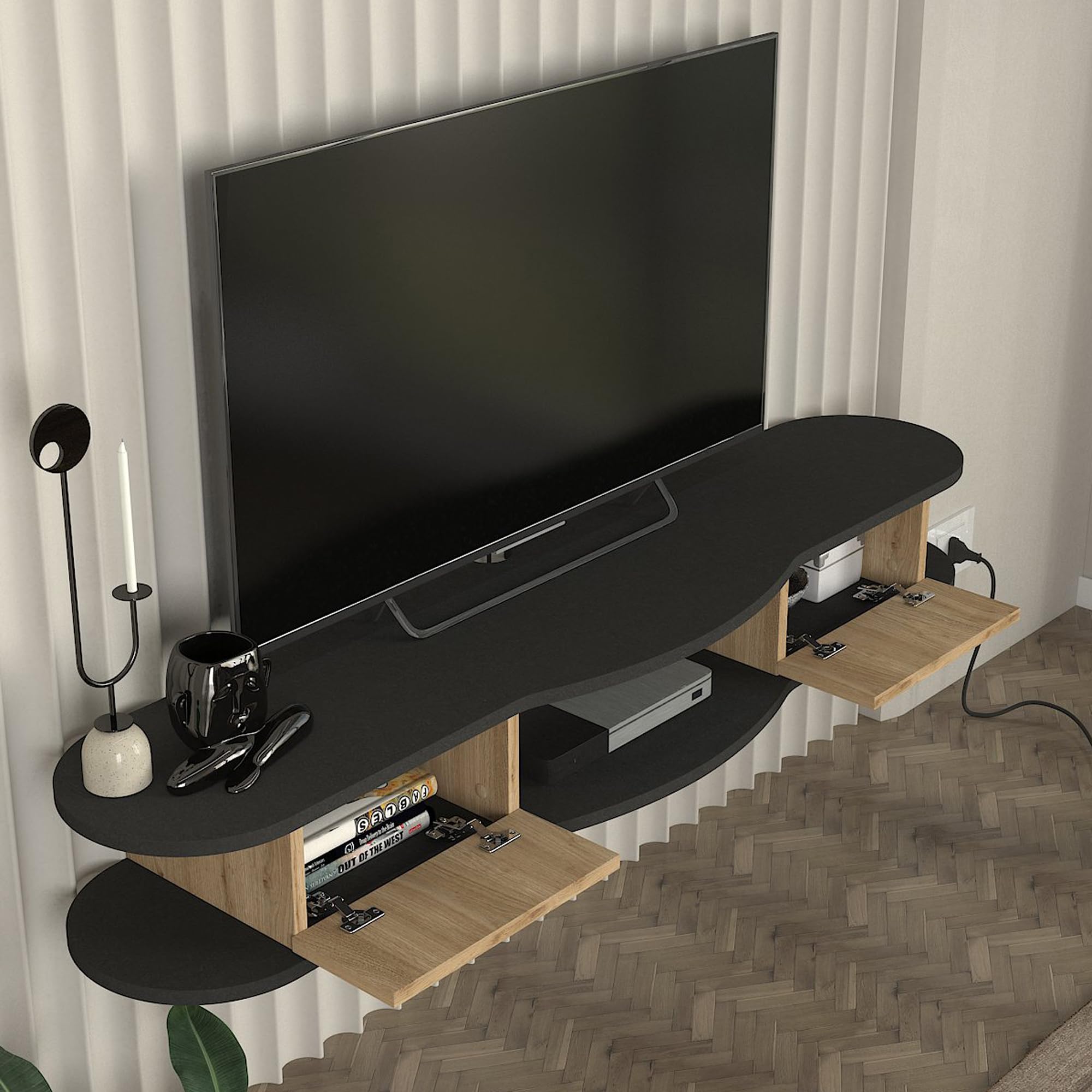 [en.casa] Mobile Porta TV da Parete a 2 Scomparti Chiusi da Ante a Ribalta Vano Aperto Mensola Sospesa Stand Multimediale con Fori Passacavi 150x35x19 cm - Antracite/Effetto Rovere