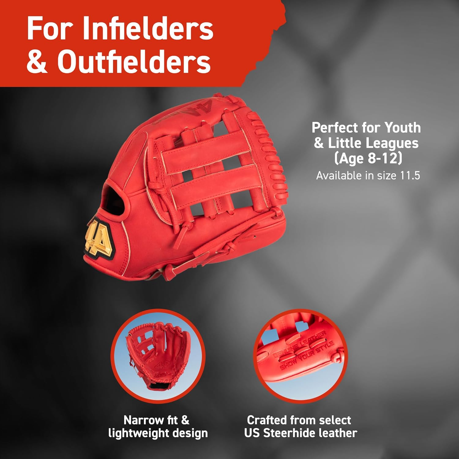 44 PRO BB Stock Rise Baseball Glove for Youth & Little Leagues, Age 8-12, Infield & Outfield, 11.5", H-Web, Easy Break-in, Narrow Fit & Lightweight Design