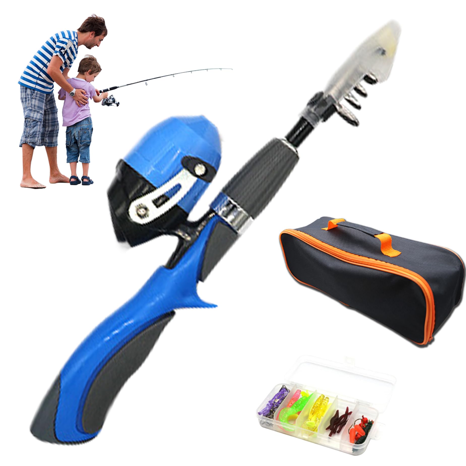 4pcs / Set Kids Fishing Set Portable Télescopique Terne à pêche à 6 Sections Pabillons de pêche débutant avec Bobine de pêche, Sac Portable, boîte de tacle (Bleu), Canne à pêche télescopique et bobin