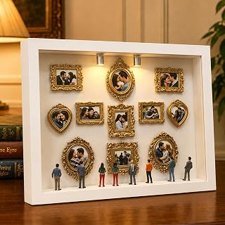 DIY Mini Museum Silhouette Box con LED, Micro Caja de Silueta de Museo con 11 Marcos de Fotos Vintage Dorados, Mini Museo Fotos, Regalo para San Valentín, Boda y Aniversario (Blanco)