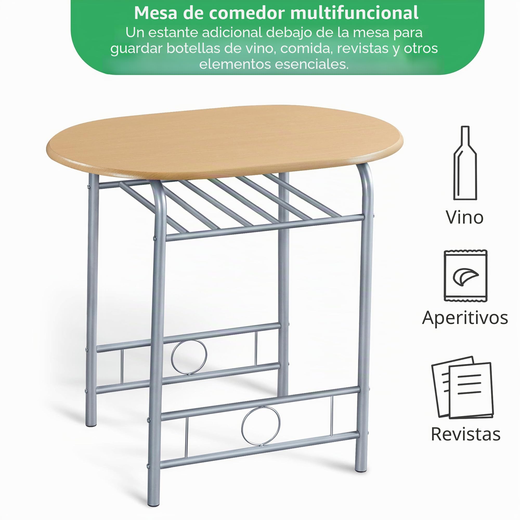 Yaheetech Grupo de Comedor de 3 Piezas, Mesa de Comedor con 2 sillas, Grupo de Asientos para Cocina, Mesa de Madera para balcón, salón, terraza y Bar, Ahorra Espacio, compacta (Color Madera Natural). | Mesa de cocina con estante, estructura de acero para