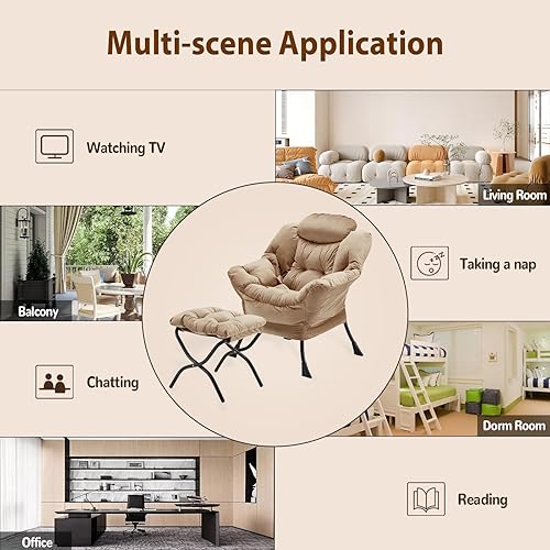Miniatura 8 de Silla Lazy con otomana plegable, silla decorativa de terciopelo tapizada con estructura de metal y almohadillas antideslizantes, sillón con