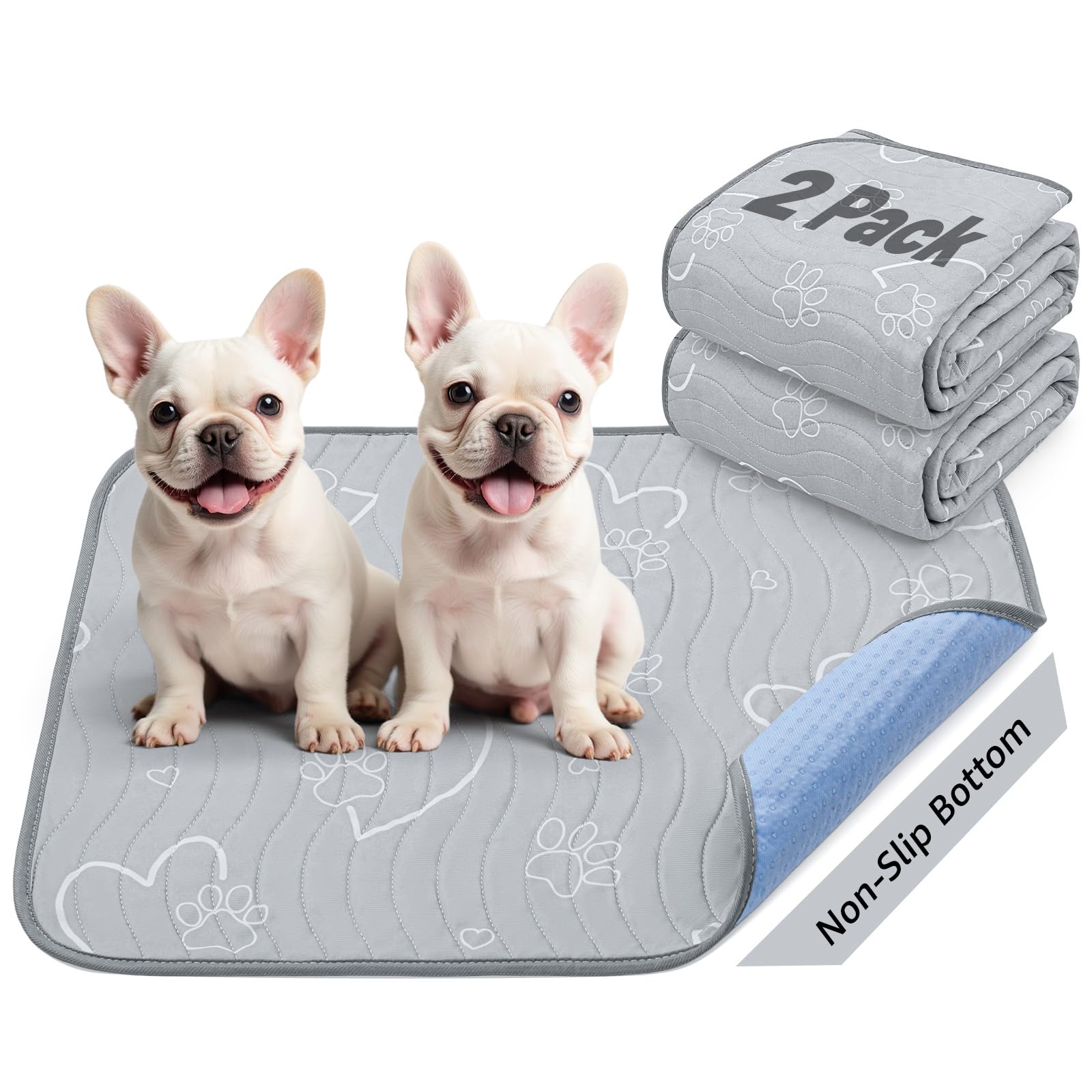 Washable Pee Pads for Dogs, 2Pack Puppy Pads Washable,Absorbent Reusable Whelping Pads Non-Slip Dog Mats with Bone Print for Floor Protector, Couch Cover, Crate, Potty Training -46x61CM
