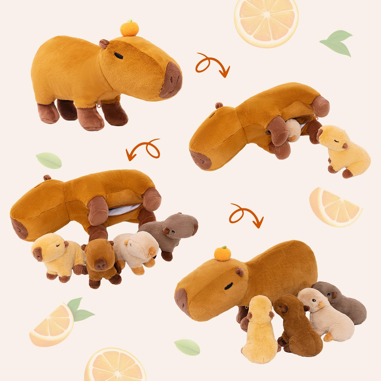 OUOZZZ Peluche Capibara, comprend 4 bébés et peluche Capbara orange de 36 cm de printemps chaud - Jouet cadeau pour filles, garçons et petits bébés