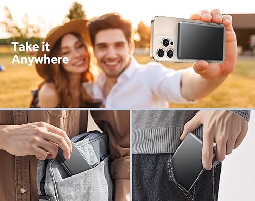 Miniatura 8 de Cargador portátil magnético ultradelgado, cargador portátil inalámbrico de 5,000 mAh con cable USB-C, batería para Apple Watch, cargador magnético