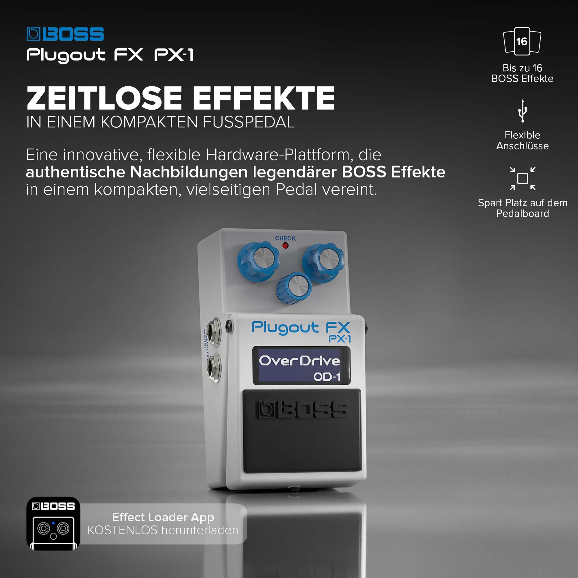 BOSS PX-1 Plugout FX | Innovative, flexible Hardware-Plattform | Bis zu 16 legendäre BOSS Effekte in einem kompakten Pedal | Authentischer Sound & realistische Ansprache