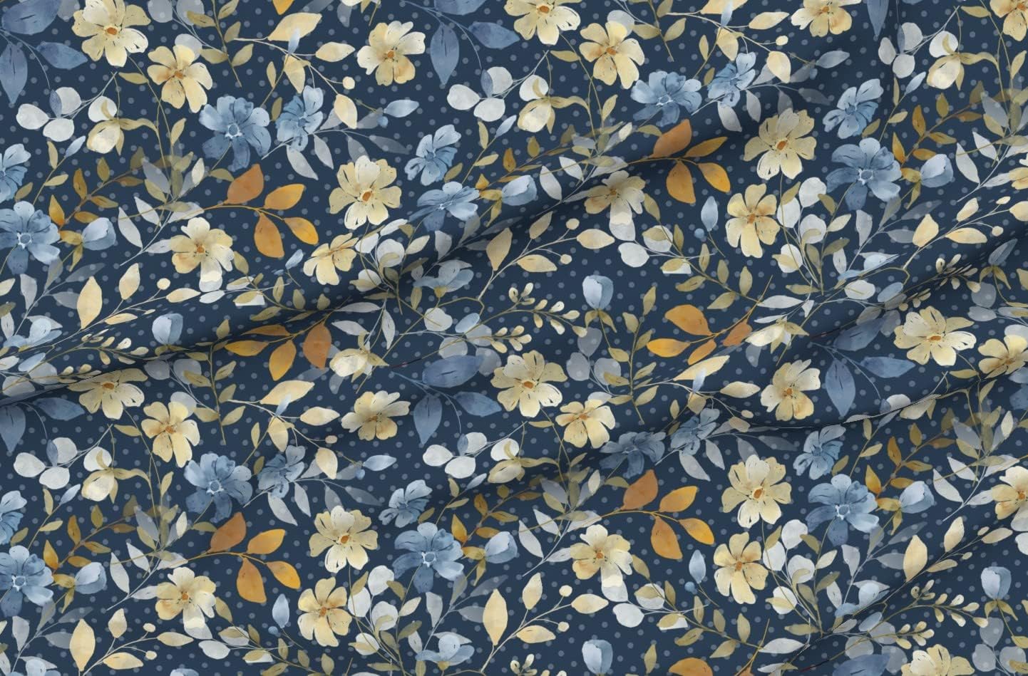 Spoonflower Fabric - Blue Rustic Floral Watercolor Polka Dots Country Farmhouse Cottagecore Printed on Petal Signature Cotton Fabric Fat Quarter - Sewing Quilting Apparel Crafts Decor