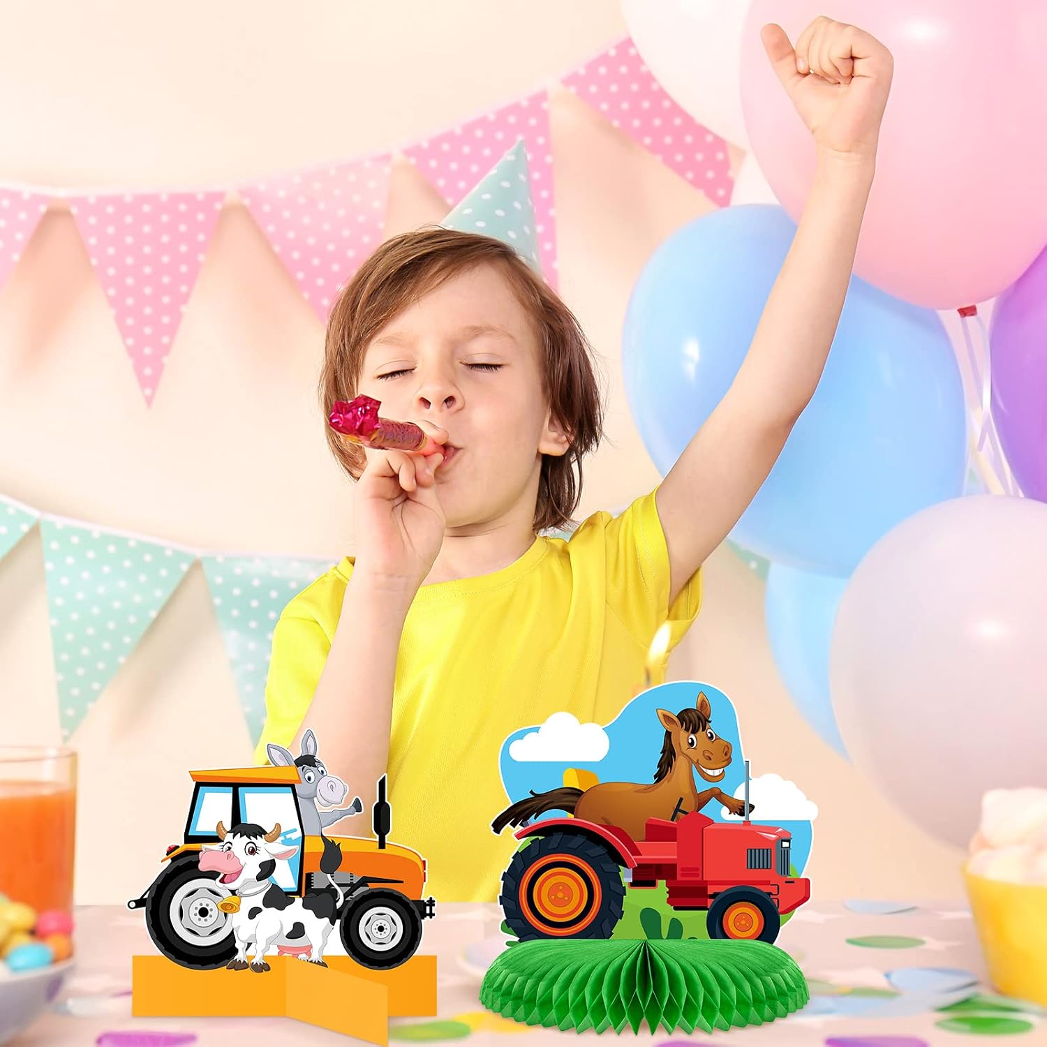 12 Pcs Tractor Party Decorations Farm Honeycomb Table Centerpiece Birthday Party Supplies Animal Table Decors for Cowboy Cowgirl Farmhouse Truck Decor Baby Shower