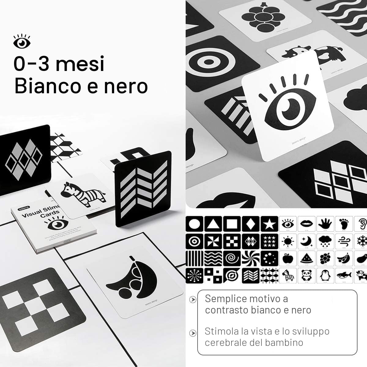 beiens Flash Cards Giochi Neonato, Alto Contrasto Scheda Flash per Bambini, 80 PC Nero Bianco Colorato Scheda Attività di Apprendimento Visivo Età 0 3 6 12 36 Mesi,Neonati Giocattoli Regalo