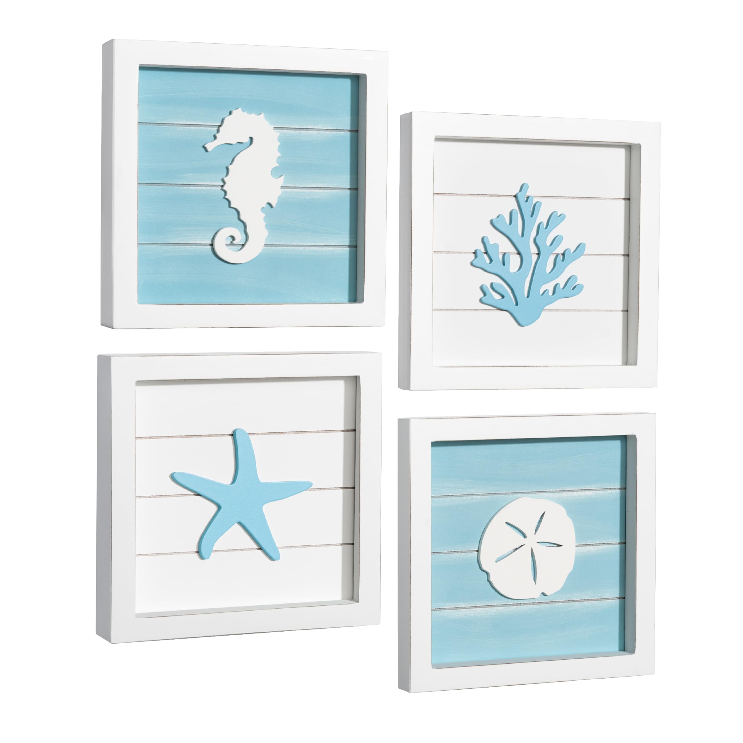 TideAndTales Ocean Beach Themed Room Decor (Framed Set of 4) Coastal 3D Wall Art with Starfish, Seahorse, Sand Dollar and Coral - Turquoise Coastal Room Decor - Seashell Beach Decorations for Home