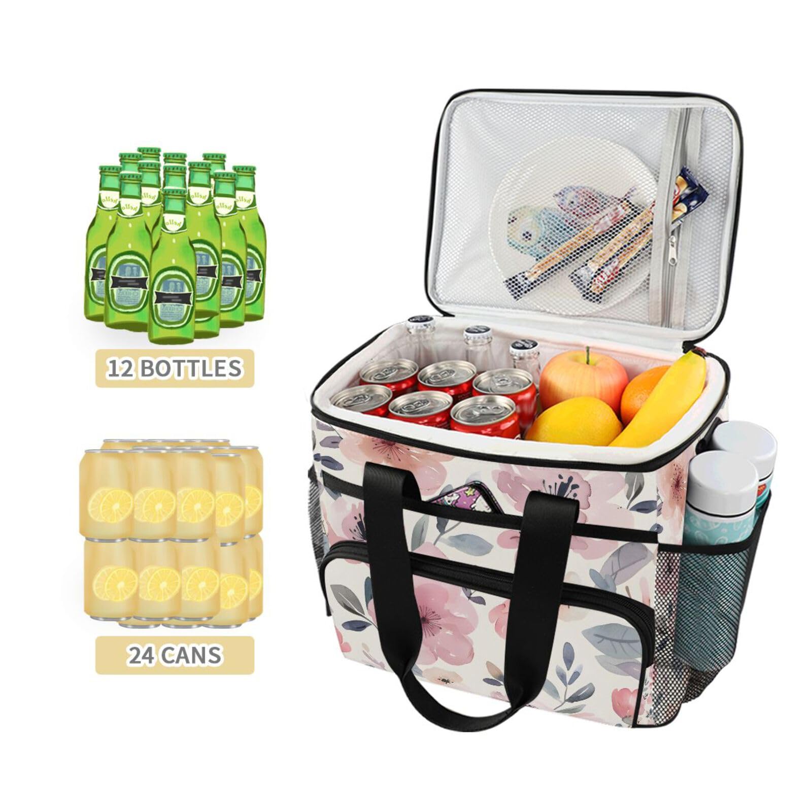 Bolsa térmica grande con estampado de acuarela floral rosa y teñido anudado, bolsa térmica para picnic, 15 L, 24 latas, impermeable, para adultos, hombres y mujeres