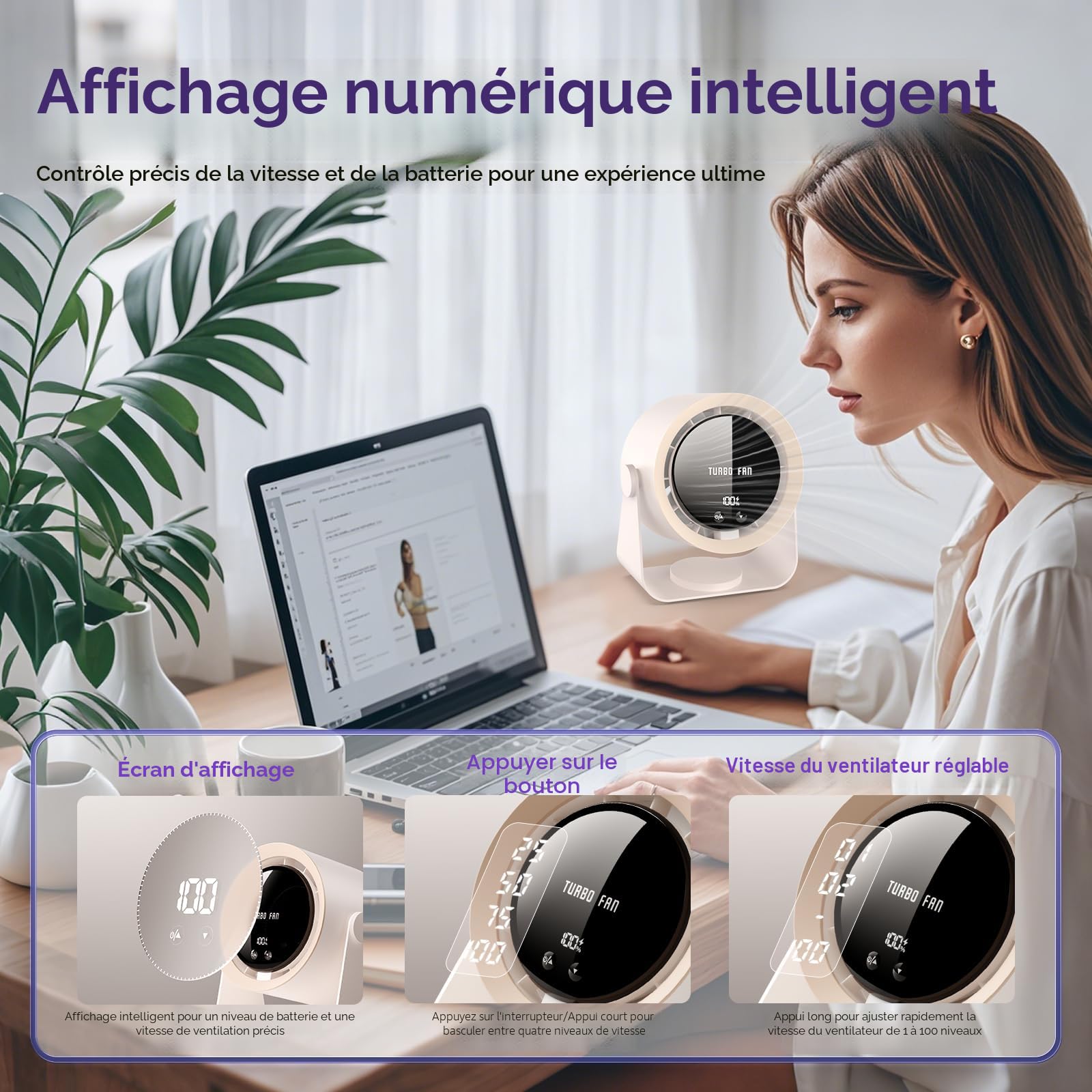 Ventilateur de bureau silencieux rechargeable USB batterie 5400 mAh écran LED contrôle vitesse régulable tête inclinable 90°